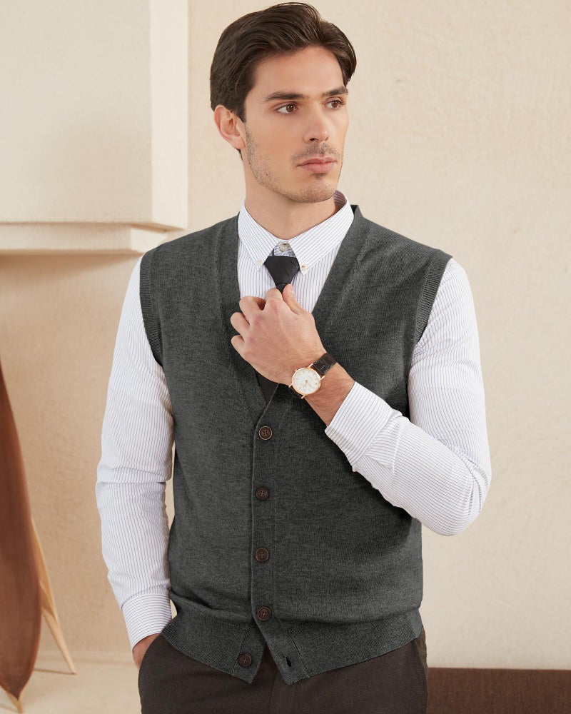 Kallspin Men's Sweater Vest Wool Blend V-Neck Button Sleeveless Cardigan Vest Sweater (Charcoal, Medium) - Image 5